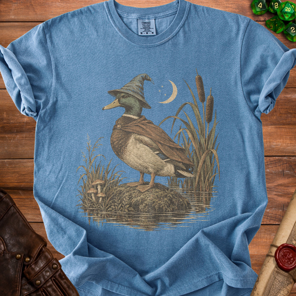 Duck wizard wearing hat and cloak on a rock in water with moon and reeds.