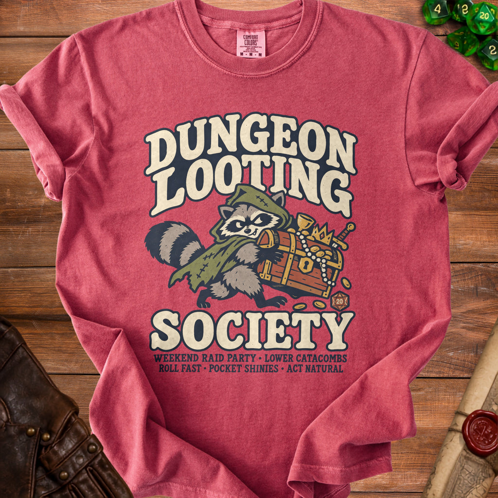 Dungeon Looting Society t-shirt with raccoon, treasure chest, dice, and text.