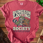 Dungeon Looting Society t-shirt with raccoon, treasure chest, dice, and text.