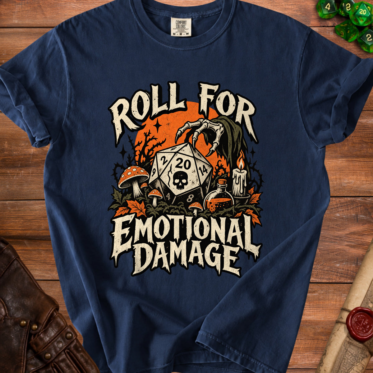 Navy t-shirt with "Roll for Emotional Damage" text and a D20 die graphic.