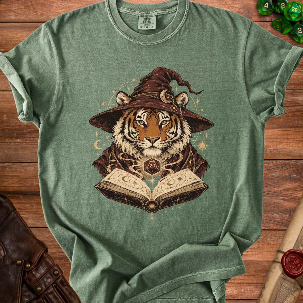 Tiger wearing a wizard hat and robe, reading an open book with celestial designs.