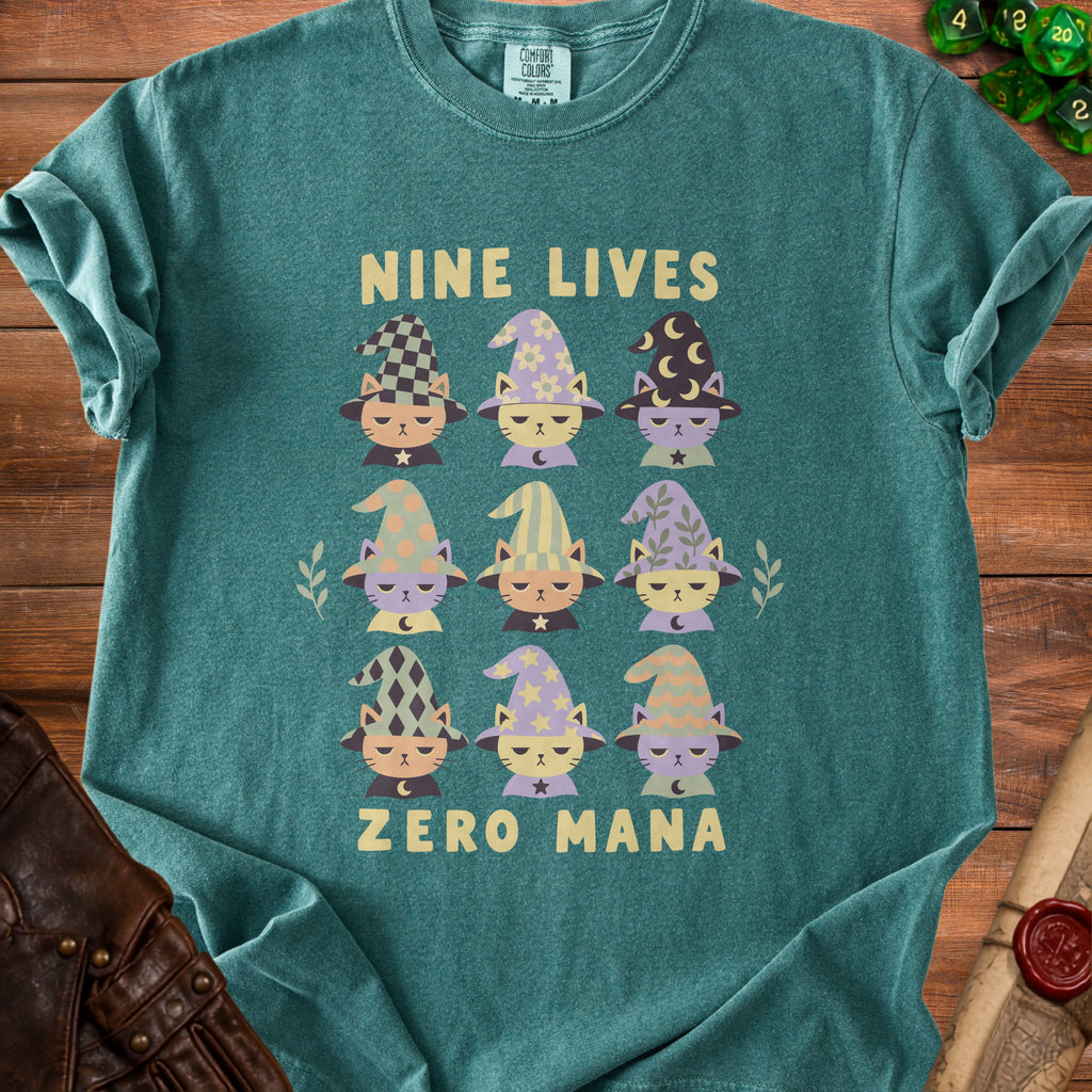 T-shirt with nine wizard cats and "Nine Lives Zero Mana" text.
