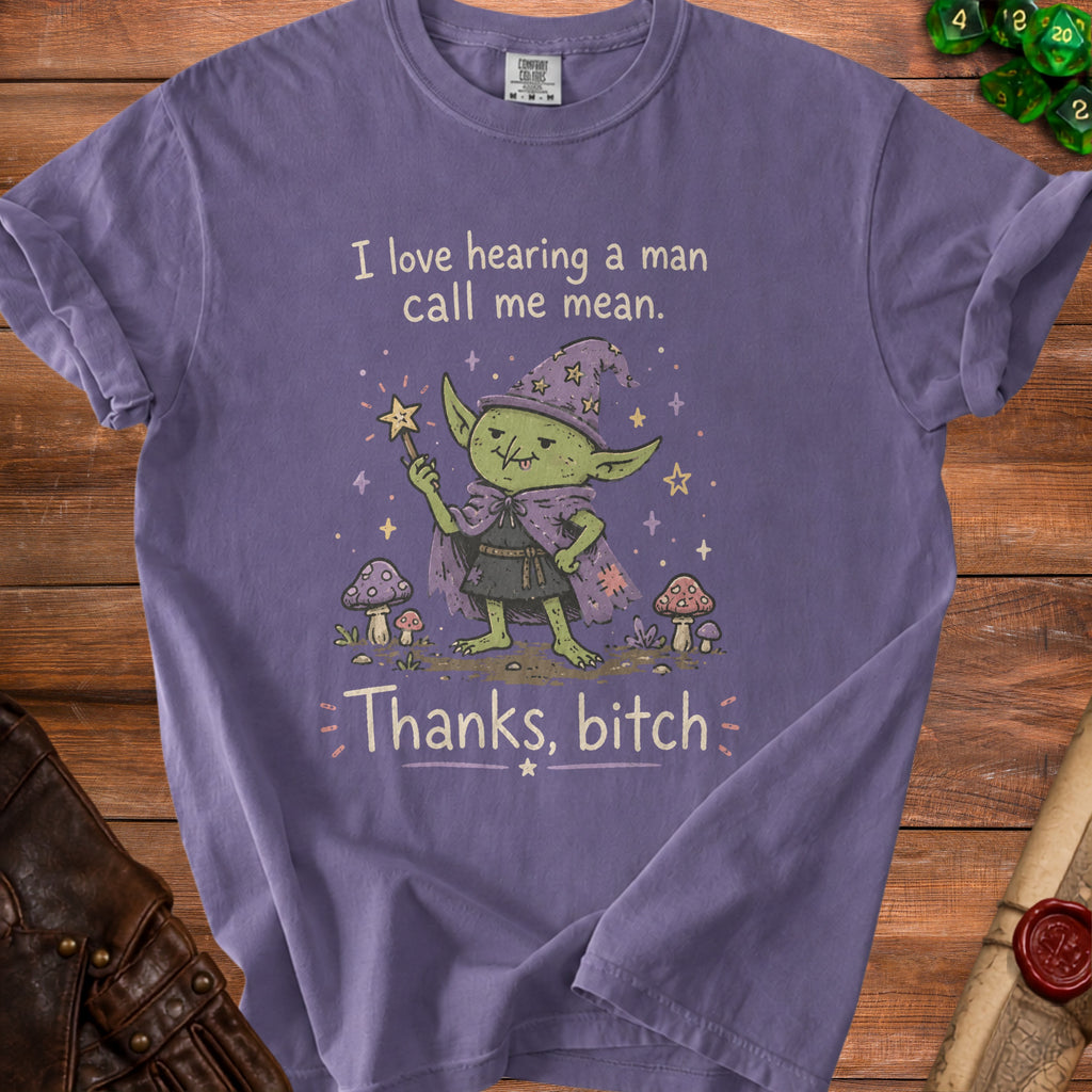 Purple t-shirt with a cartoon goblin witch graphic and text that reads "I love hearing a man call me mean. Thanks, bitch."