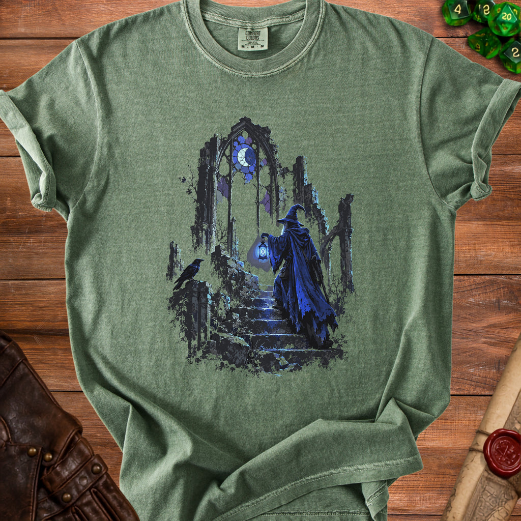 Wizard with lantern walks up stone stairs in front of ruined Gothic archway.