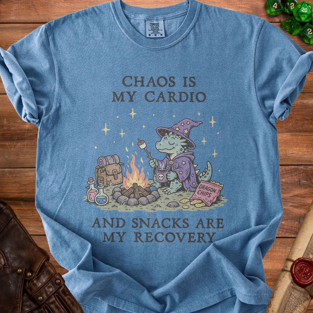Blue t-shirt with dragon graphic saying "Chaos is my cardio and snacks are my recovery."