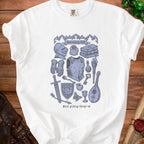 White t-shirt with a blue sketch of medieval items and text "Inventory full".