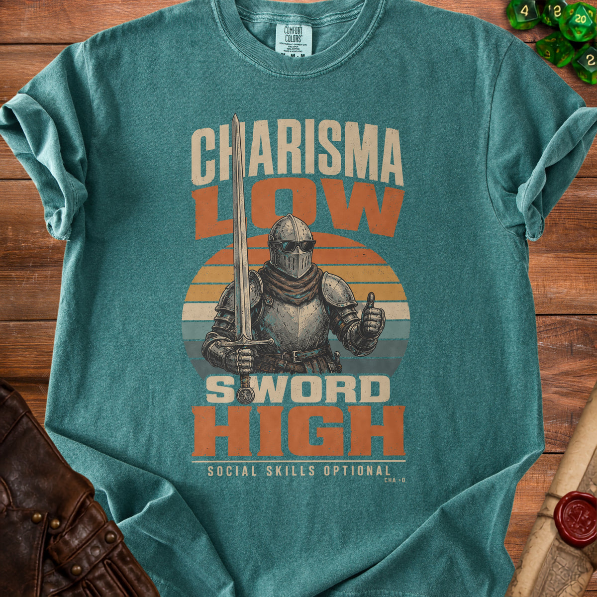 Knight with sword and thumbs up on a t-shirt reads "Charisma Low, Sword High".