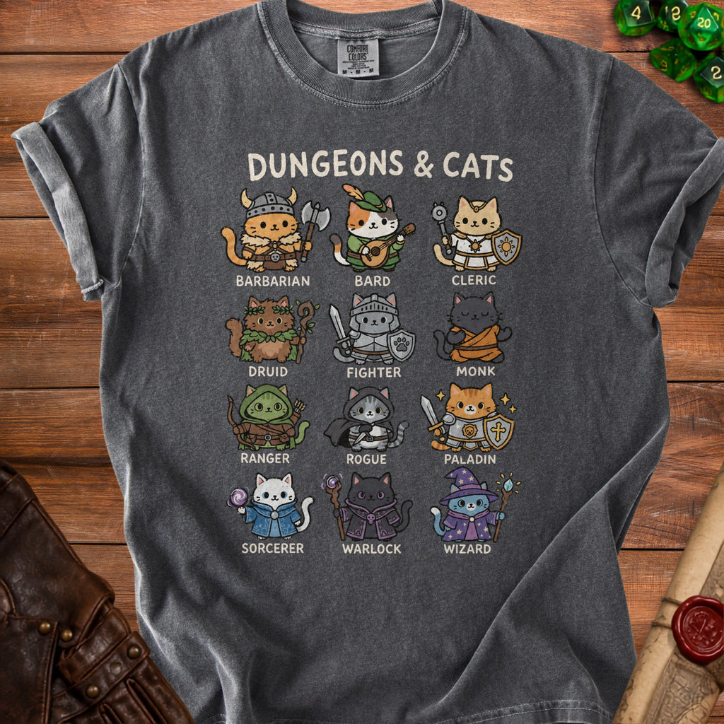T-shirt with cartoon cats dressed as Dungeons & Dragons characters, titled "Dungeons & Cats".