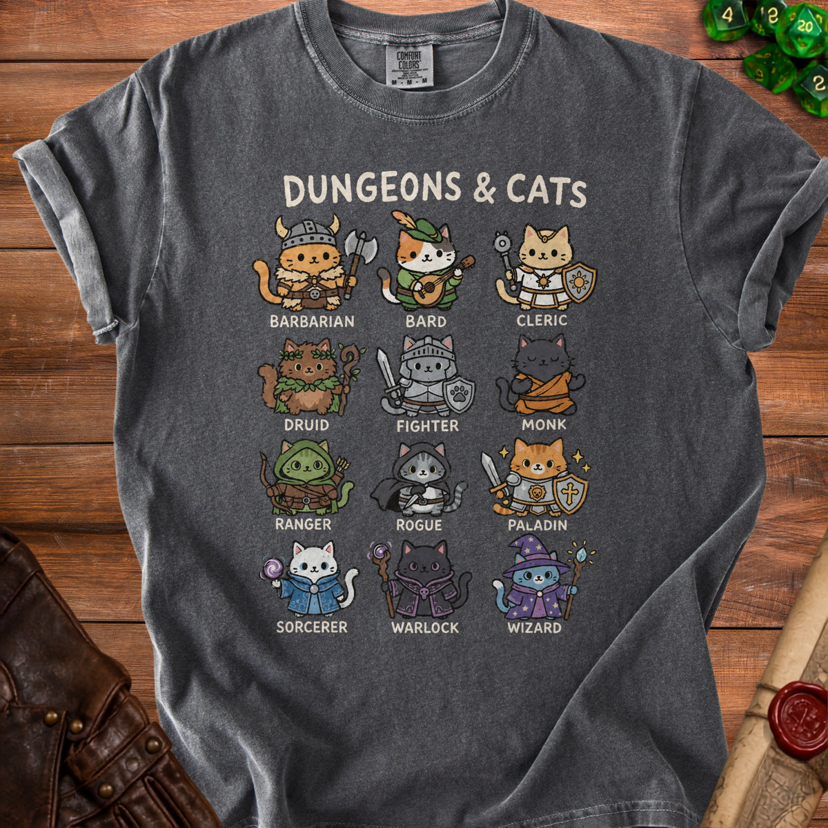 T-shirt with cartoon cats dressed as Dungeons & Dragons characters, titled "Dungeons & Cats".