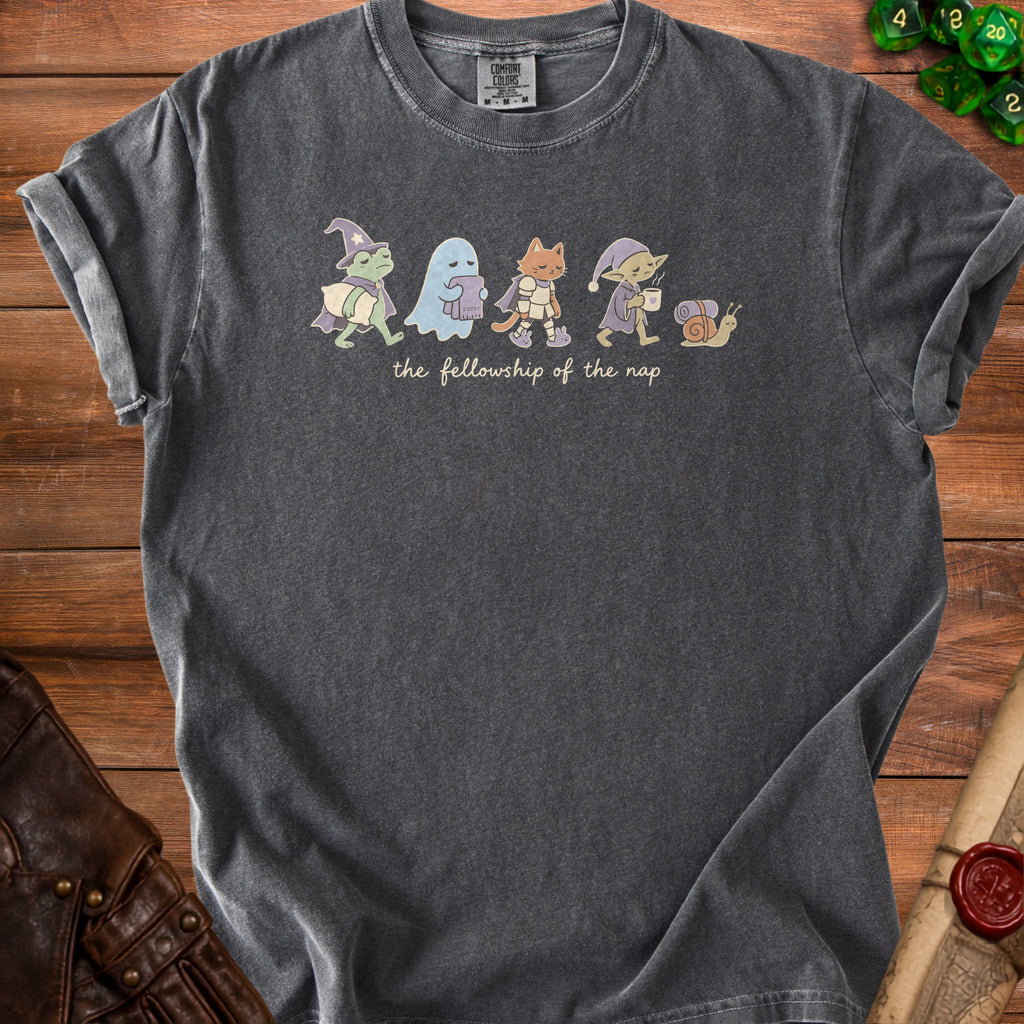Dark grey t-shirt with "the fellowship of the nap" and cartoon characters.