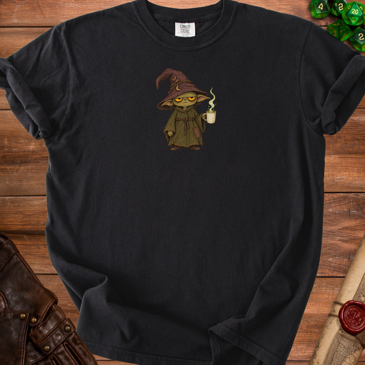 Black t-shirt with a cartoon wizard holding a steaming mug of coffee.