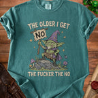 Goblin holding "NO" sign with text "The older I get, the fucker the no".