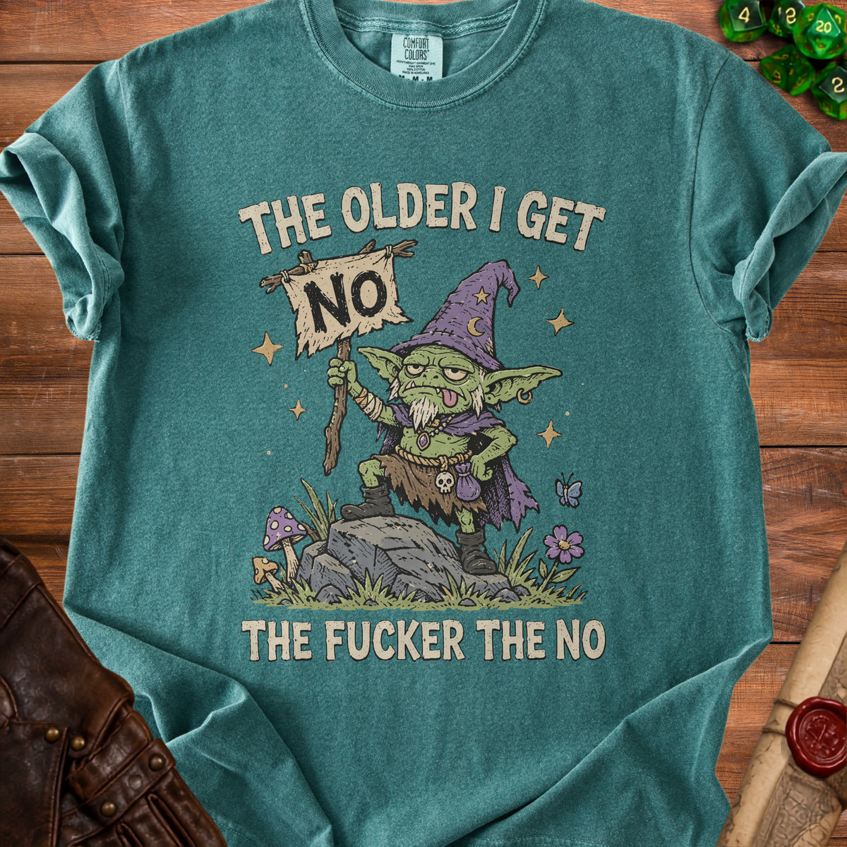 Goblin holding "NO" sign with text "The older I get, the fucker the no".