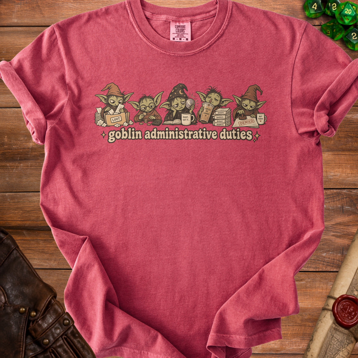 Red Comfort Colors t-shirt with goblins doing administrative duties and text.