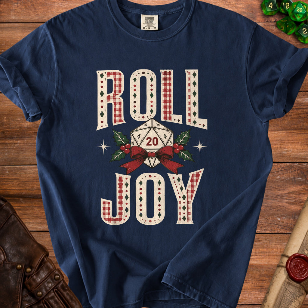 Navy t-shirt with "ROLL JOY" text and a D20 die, surrounded by holly and a bow.