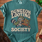 Teal t-shirt with "Dungeon Looting Society" graphic featuring a raccoon holding a treasure chest.