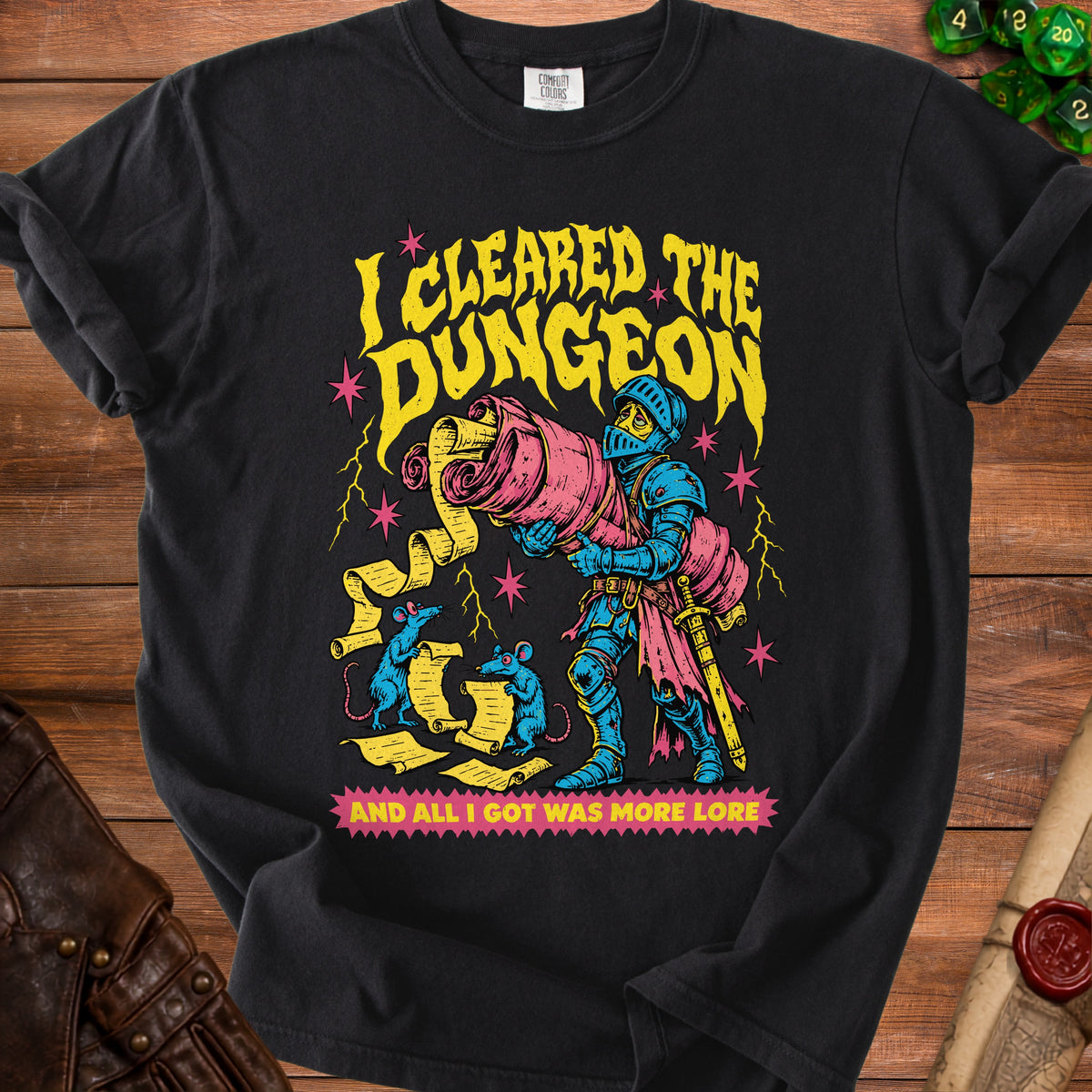 Knight in armor holding a scroll with text "I cleared the dungeon and all I got was more lore".
