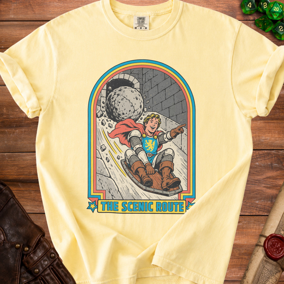 Knight on a sled escaping a boulder, with text "The Scenic Route".