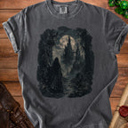 Dark gray t-shirt with a full moon, castle, and robed figure design.