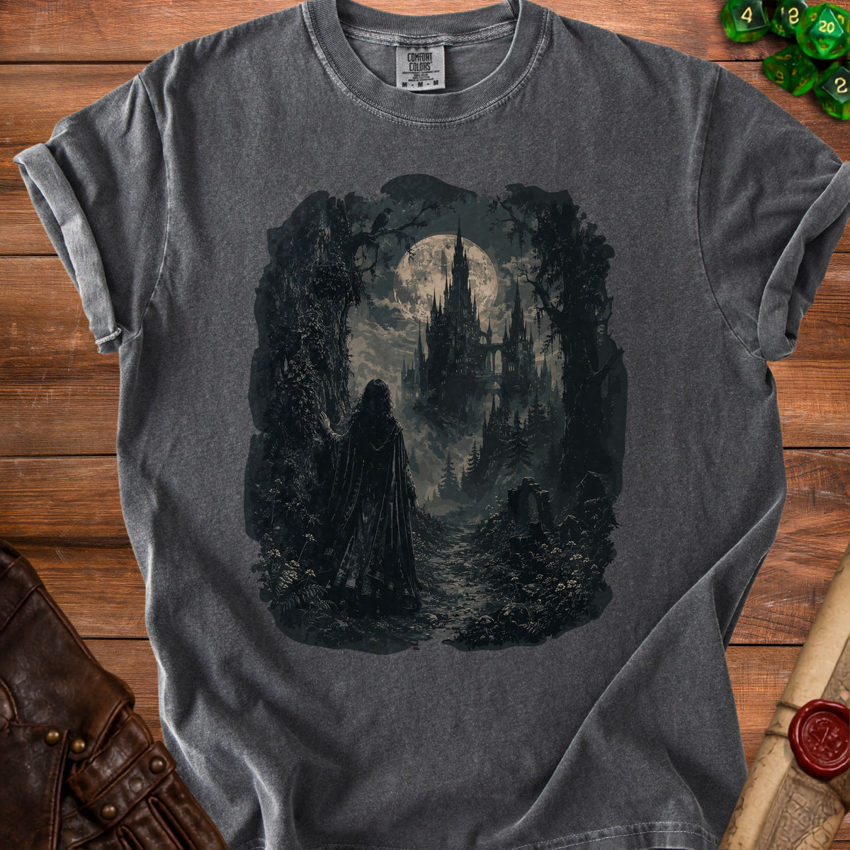 Dark gray t-shirt with a full moon, castle, and robed figure design.