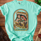 Mermaid green t-shirt with illustration of elf in treasure chest with text "AN OPPORTUNITY!".