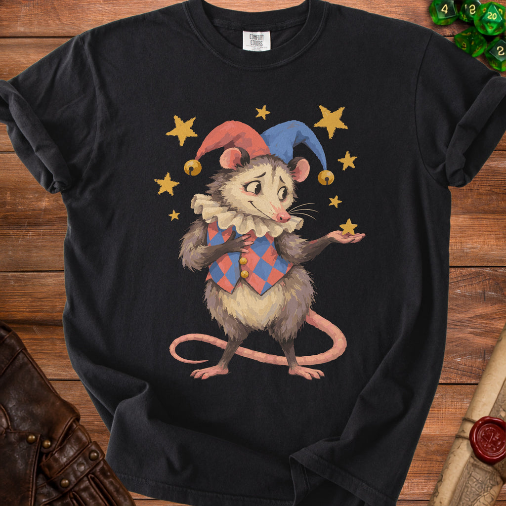 Opossum dressed as a jester holding a star, surrounded by yellow stars.