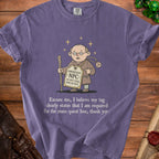 Purple t-shirt with cartoon monk graphic and text about being an NPC.
