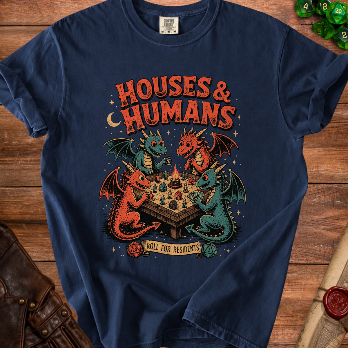 Navy t-shirt with "HOUSES & HUMANS" and dragons playing a board game.