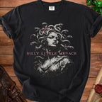 Black t-shirt with Medusa graphic and "Silly Little Menace" text.
