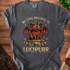 Charcoal t-shirt with red demon cat, skulls, and text "MY SOUL BELONGS TO LUCIPURR."