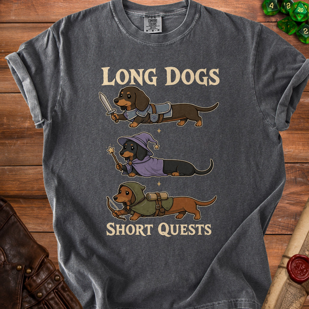 Dark grey t-shirt with cartoon dachshunds in knight, wizard, and archer costumes. "LONG DOGS SHORT QUESTS" text.