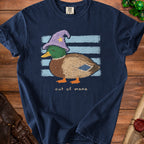 Duck wearing wizard hat with "out of mana" text on navy blue t-shirt.