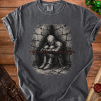 Dark grey t-shirt with knight in corner and text "SOCIALLY DEPLETED".