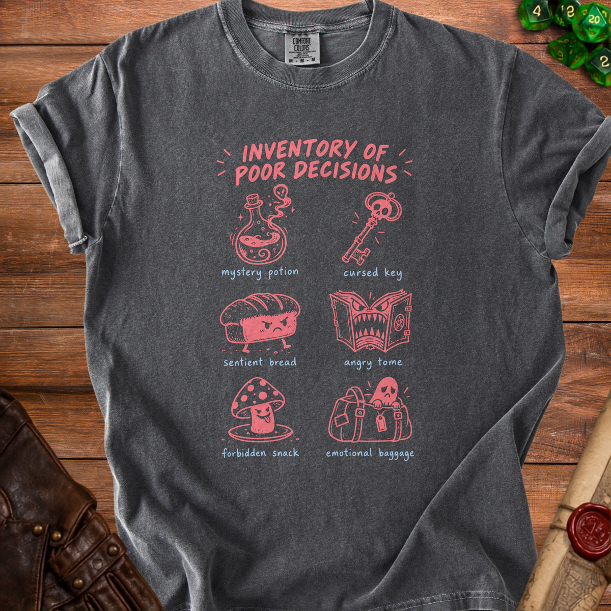 Dark gray t-shirt with "Inventory of Poor Decisions" and illustrations.