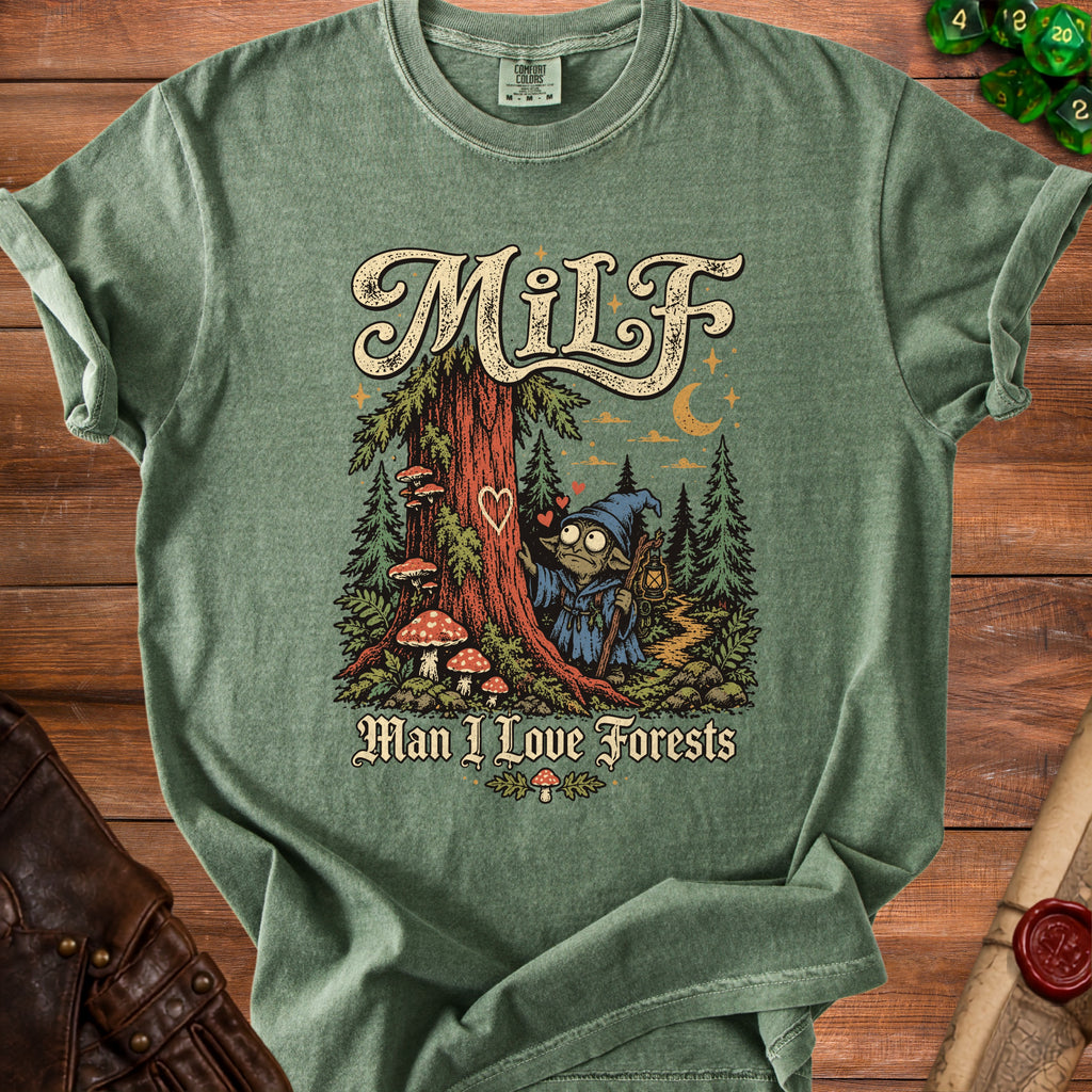 Green t-shirt with "Milf" and "Man I Love Forests" text featuring a wizard cat in a forest.