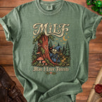 Green t-shirt with "Milf" and "Man I Love Forests" text featuring a wizard cat in a forest.