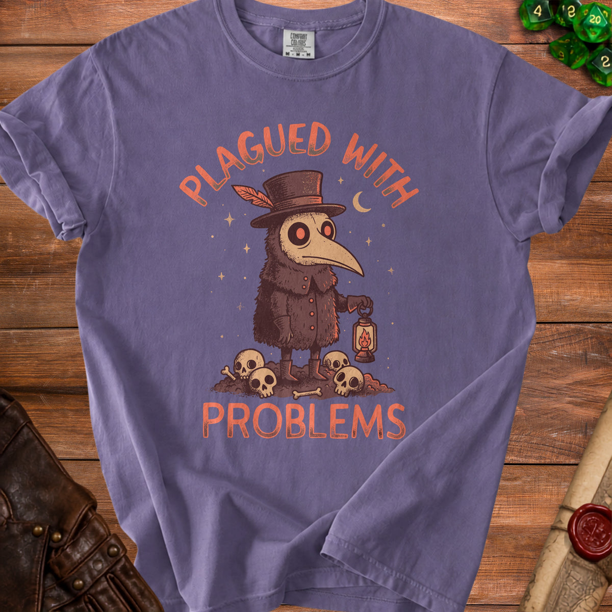 Plagued with Problems plague doctor graphic on a purple t-shirt.