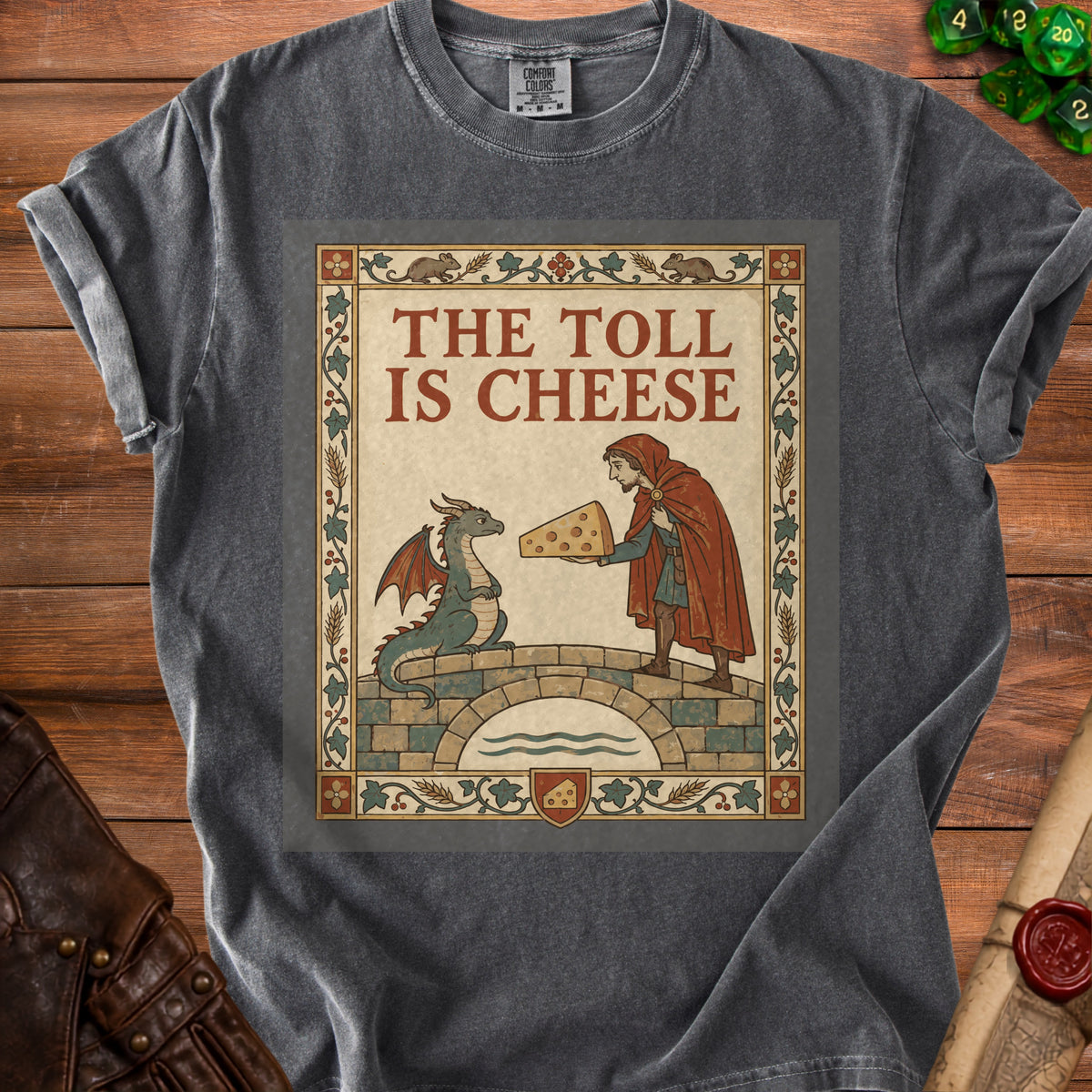 Dragon on bridge receiving cheese from person with text "The Toll Is Cheese".