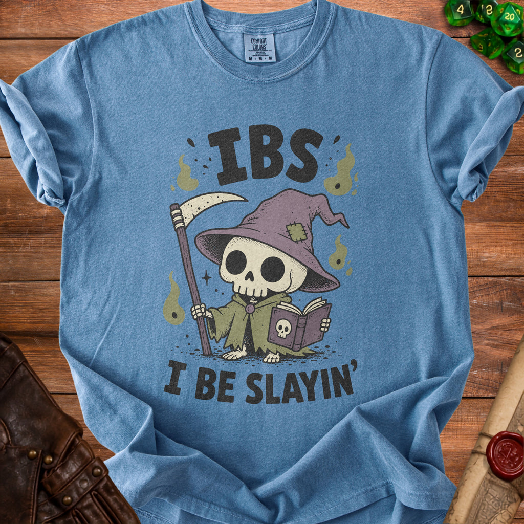 Blue t-shirt with grim reaper skeleton graphic and text "IBS I BE SLAYIN'".