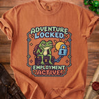 Rust-colored t-shirt featuring pixel art of a bored frog sitting on a locked treasure chest with text.