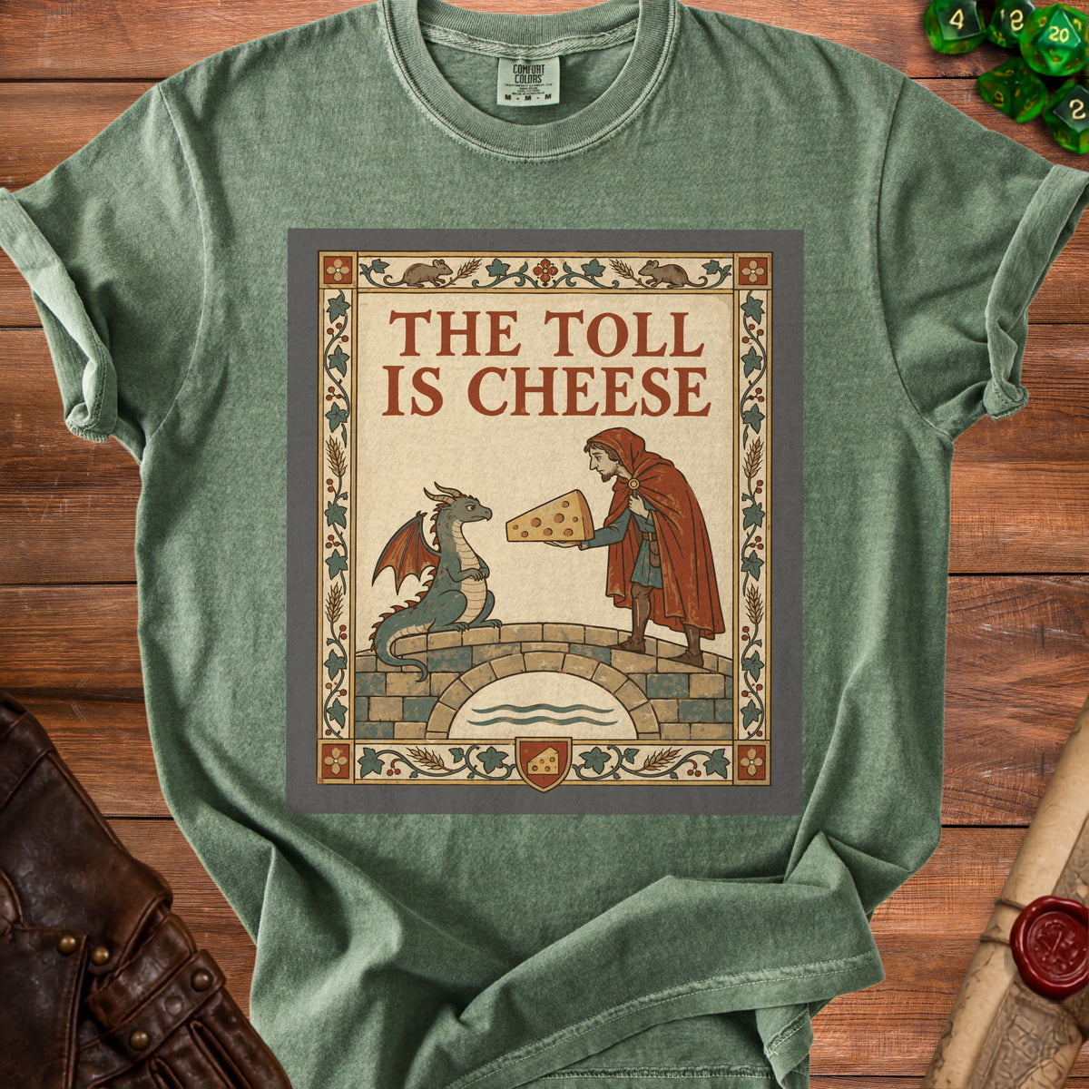 A dragon on a bridge receives cheese from a man wearing a red cloak.