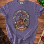 T-shirt with the fifth horseman stupidity graphic featuring Death on a horse.