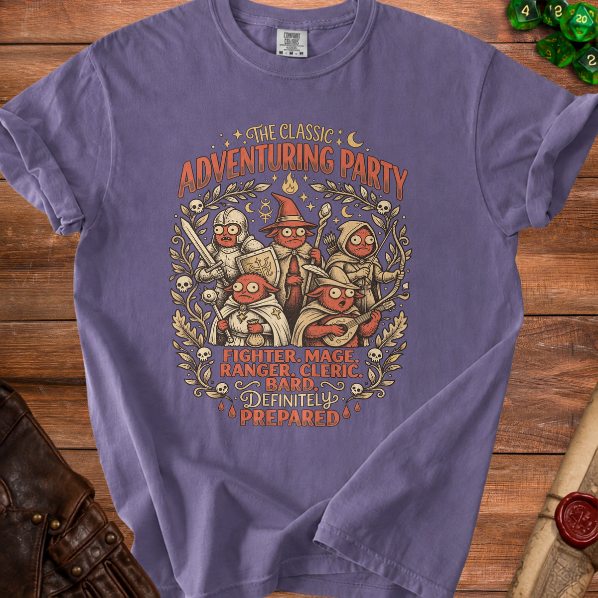 Purple t-shirt with "The Classic Adventuring Party" text and cartoon characters.