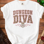 White t-shirt with "Dungeon Diva" text, leopard print, crown, and dice.