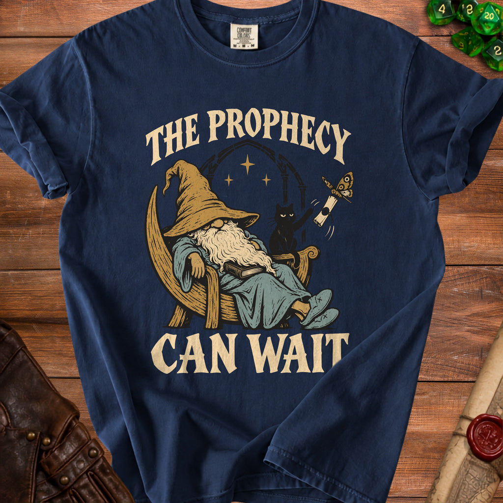 T-shirt with wizard, cat, scroll, and text "The Prophecy Can Wait."