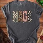 Gray t-shirt with "MAGE" text in patterned block letters.