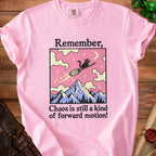 Pink t-shirt with graphic of black cat on broom over mountains, text "Remember, Chaos is still a kind of forward motion!"