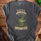 Dark grey t-shirt with gnome holding gun graphic and text "karma isn't working fast enough i need a glock".