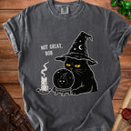 Black cat in wizard hat with crystal ball, text reads "NOT GREAT, BOB".
