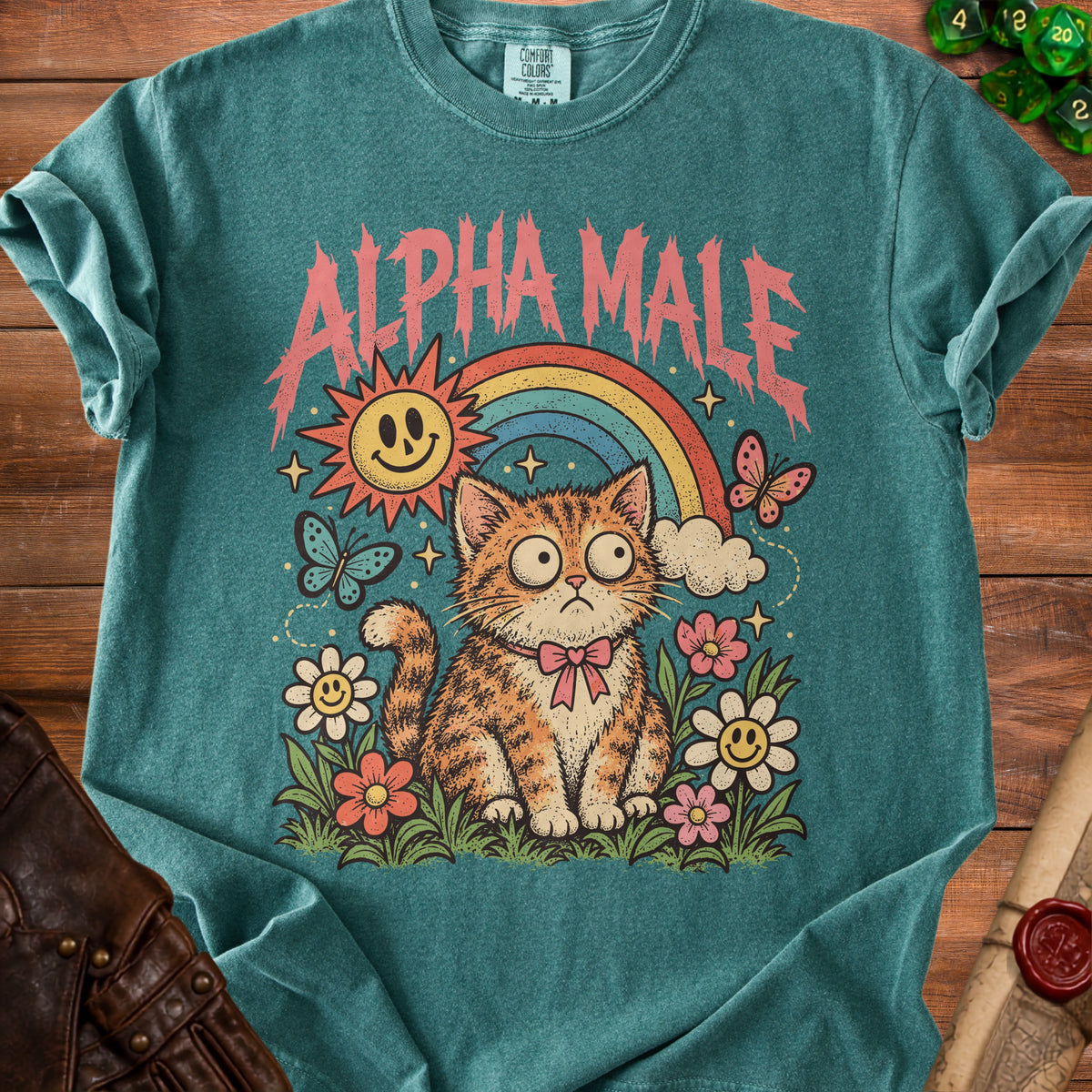 Teal t-shirt with "ALPHA MALE" text and a cartoon cat in flowers.